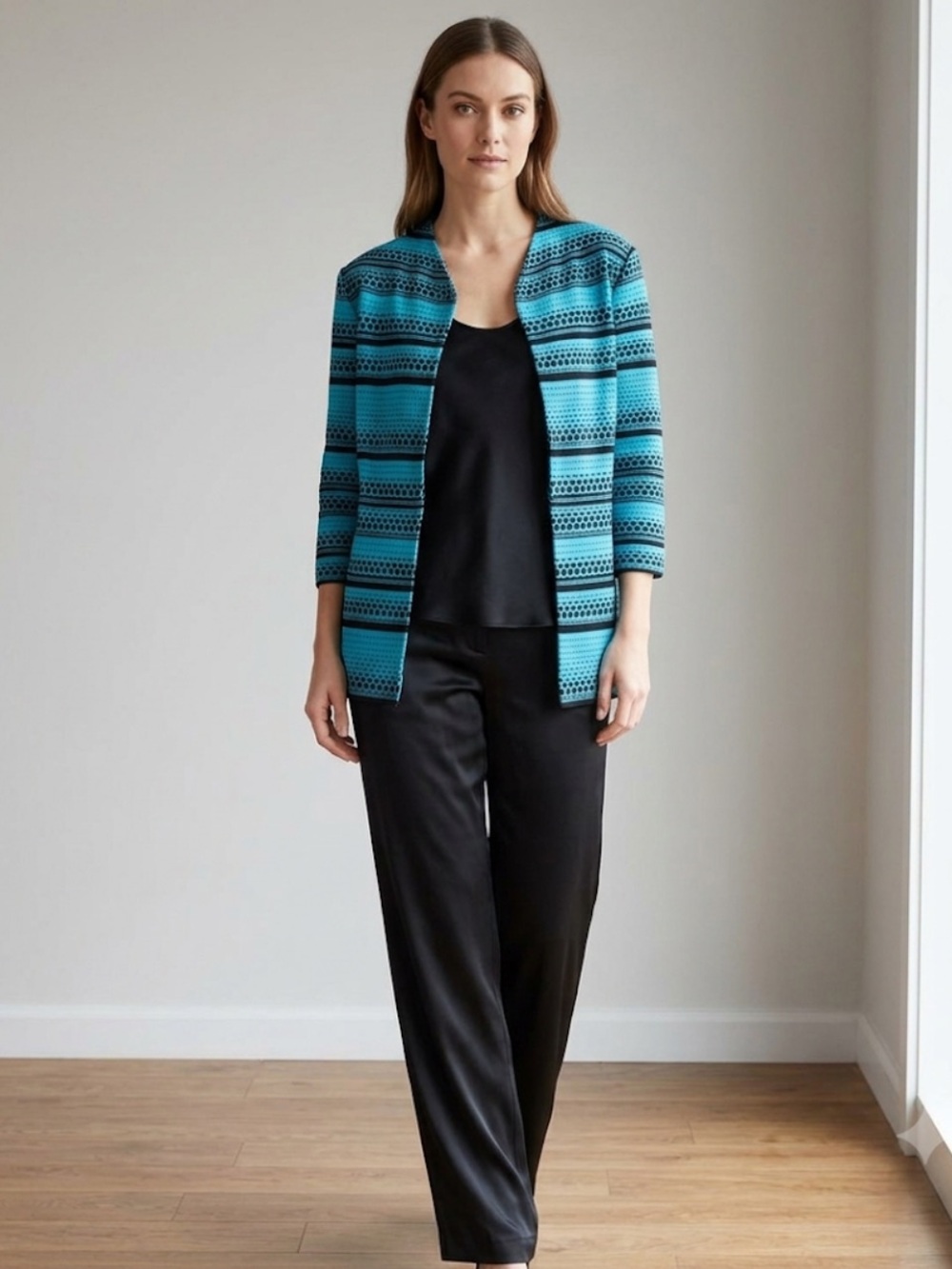 MING WANG Textured Knit Cardigan Blazer Jacket Women's Size‎ L Open 3/4 Sleeve